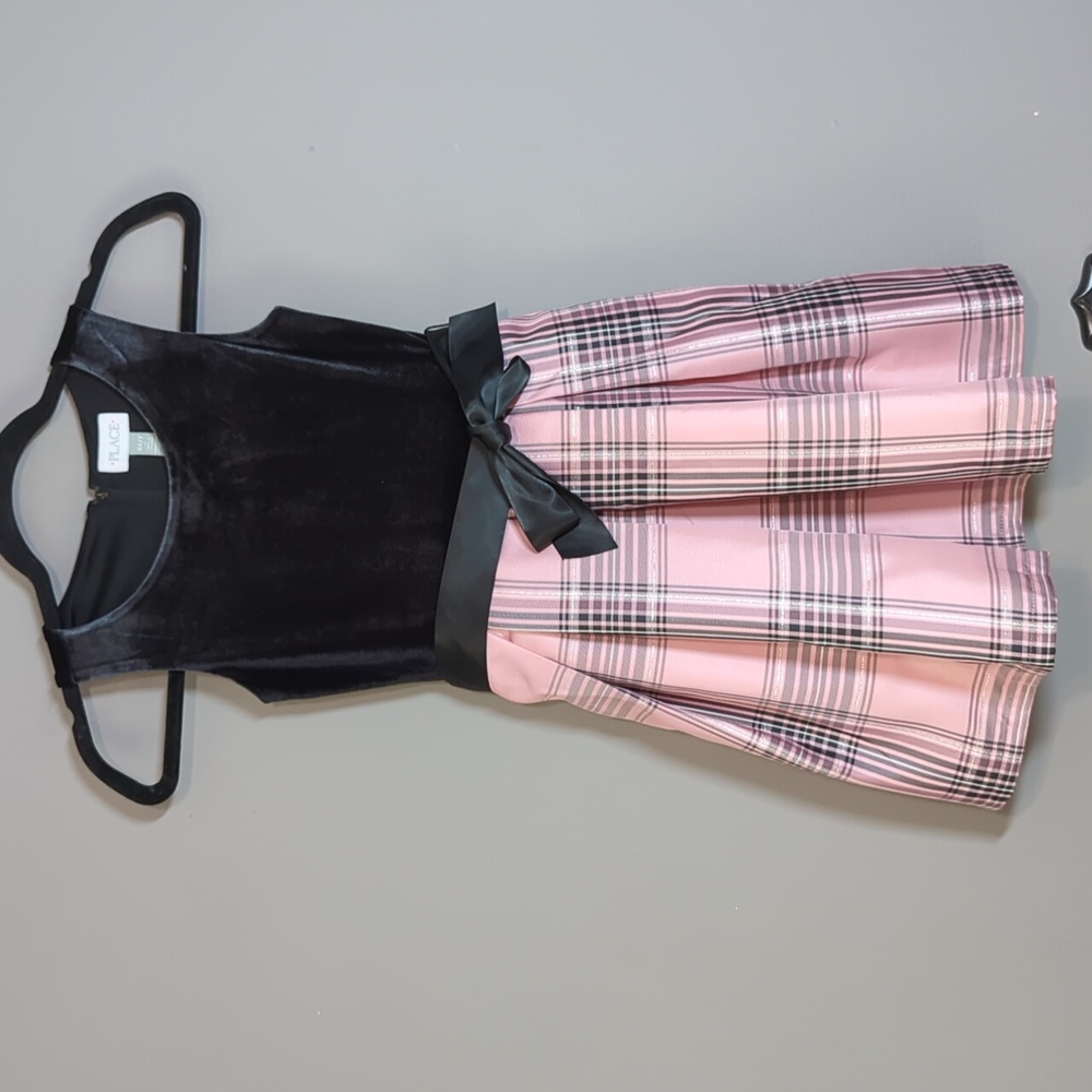 Christmas Dress Children's Place 6X/7 Girl's Dress Pink Black Plaid Velour Bow